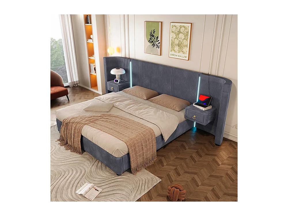 Lit double pour adultes 180 x 200 cm, avec bande LED, système hydraulique, 2 tiroirs, ports USB + Type-C, revêtement en velours,gris