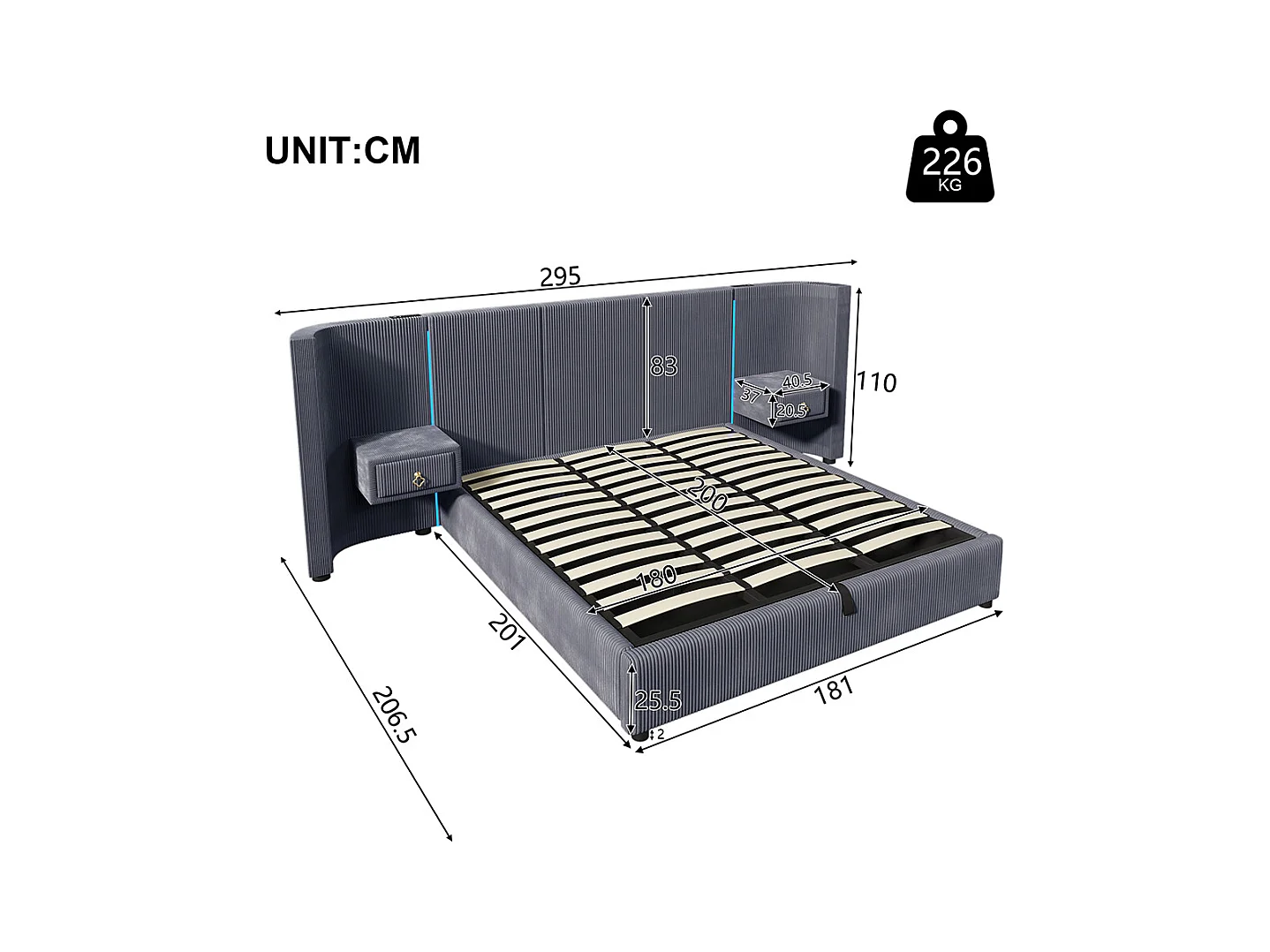 Lit double pour adultes 180 x 200 cm, avec bande LED, système hydraulique, 2 tiroirs, ports USB + Type-C, revêtement en velours,gris