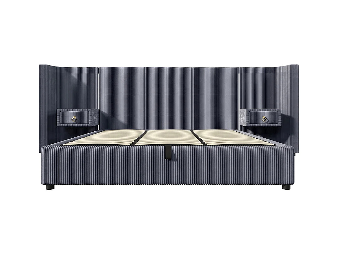 Lit double pour adultes 180 x 200 cm, avec bande LED, système hydraulique, 2 tiroirs, ports USB + Type-C, revêtement en velours,gris