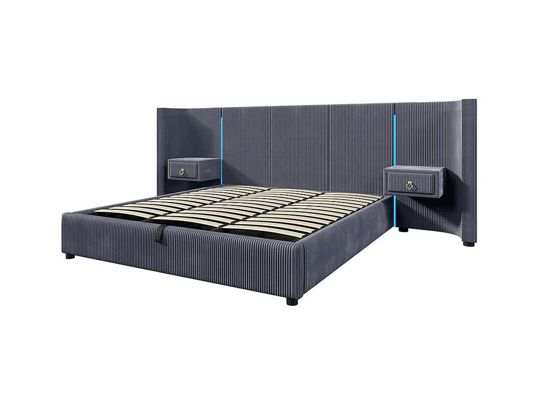 Lit double pour adultes 180 x 200 cm, avec bande LED, système hydraulique, 2 tiroirs, ports USB + Type-C, revêtement en velours,gris