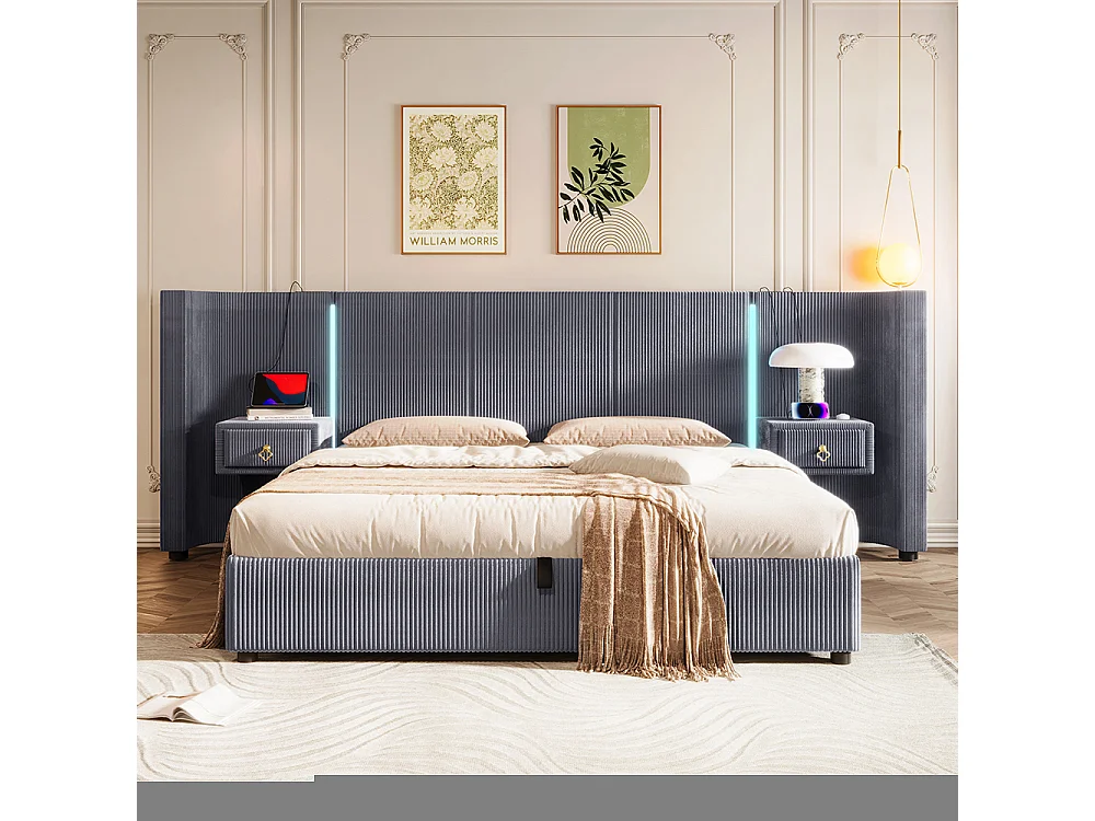 Cama de casal para adultos 180 x 200 cm, com faixa LED, sistema hidráulico, 2 gavetas, portas USB + Tipo C, revestimento em veludo, cinzento