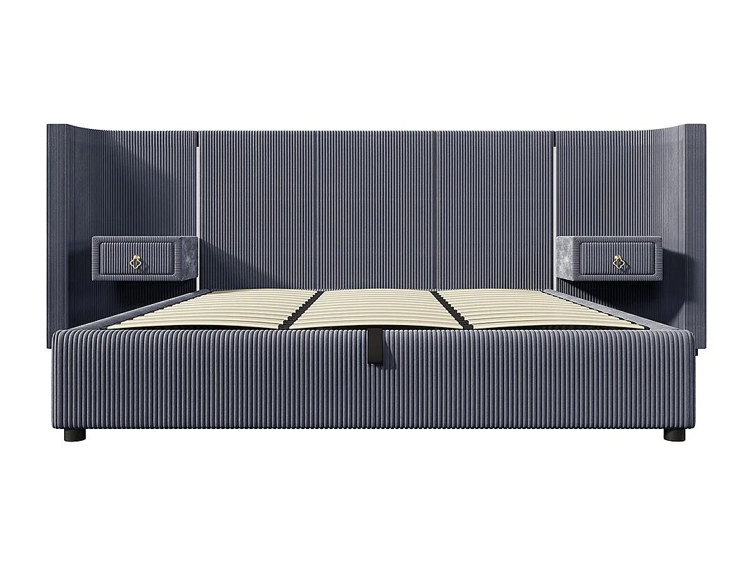 Cama de casal para adultos 180 x 200 cm, com faixa LED, sistema hidráulico, 2 gavetas, portas USB + Tipo C, revestimento em veludo, cinzento