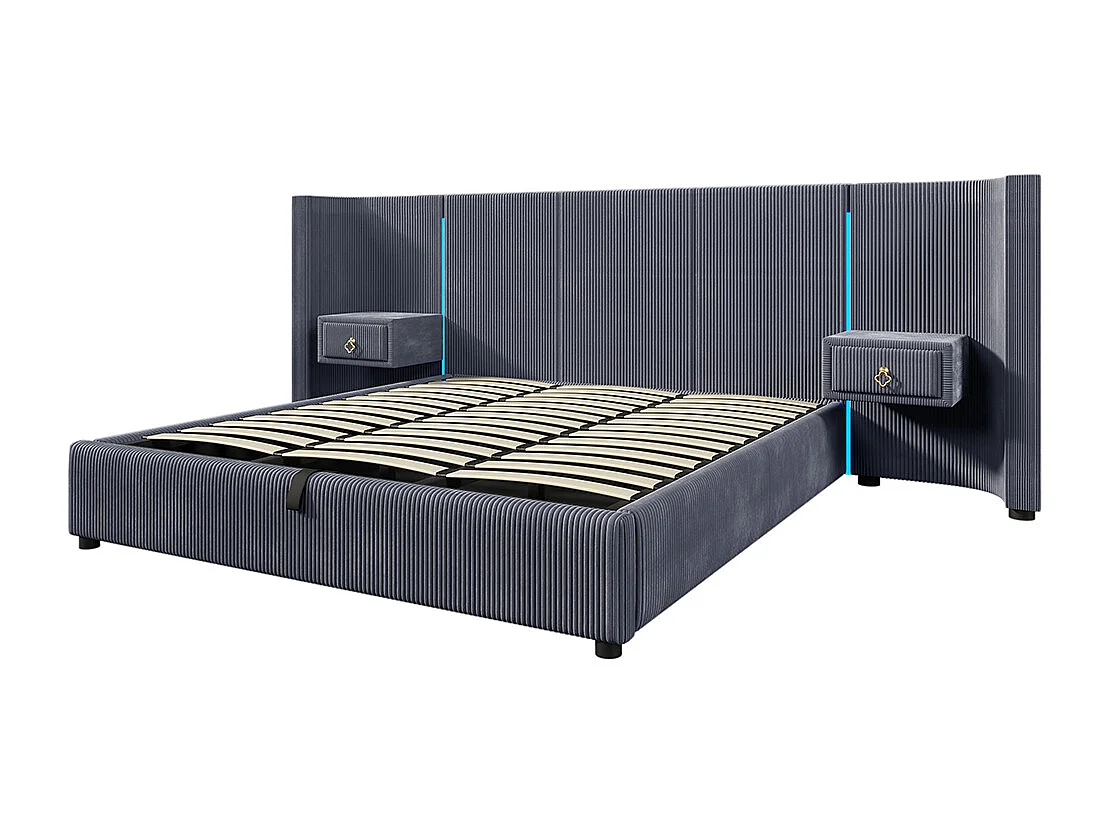 Cama de casal para adultos 180 x 200 cm, com faixa LED, sistema hidráulico, 2 gavetas, portas USB + Tipo C, revestimento em veludo, cinzento
