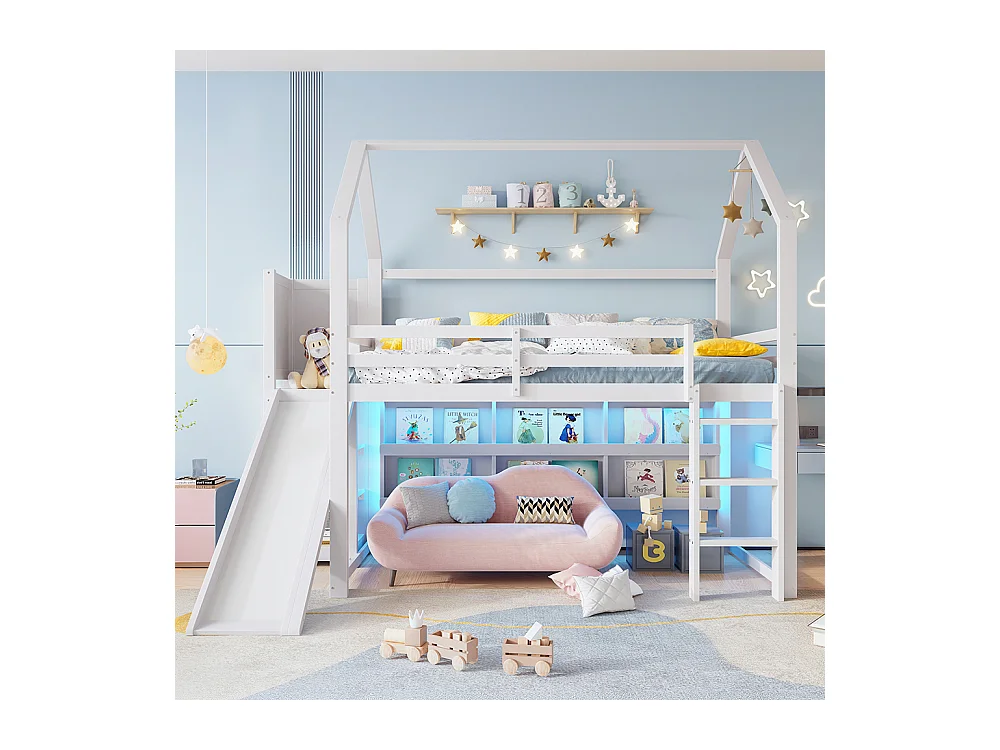 Lit mezzanine 90 × 200 cm, avec bande LED, en forme de maison, avec étagères, avec barrières, sans matelas, blanc