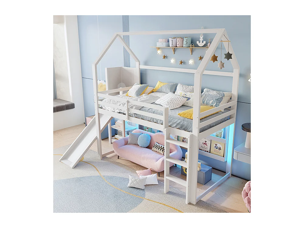 Lit mezzanine 90 × 200 cm, avec bande LED, en forme de maison, avec étagères, avec barrières, sans matelas, blanc