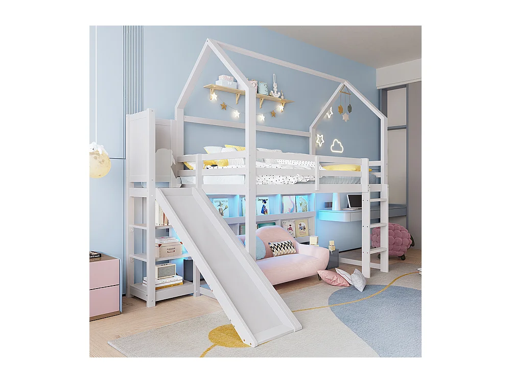 Lit mezzanine 90 × 200 cm, avec bande LED, en forme de maison, avec étagères, avec barrières, sans matelas, blanc