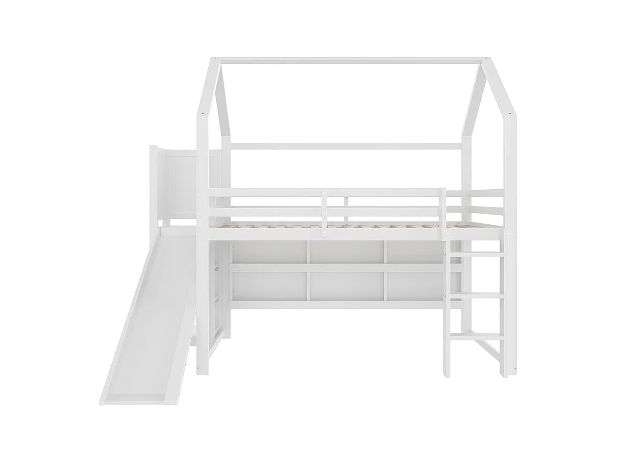 Lit mezzanine 90 × 200 cm, avec bande LED, en forme de maison, avec étagères, avec barrières, sans matelas, blanc