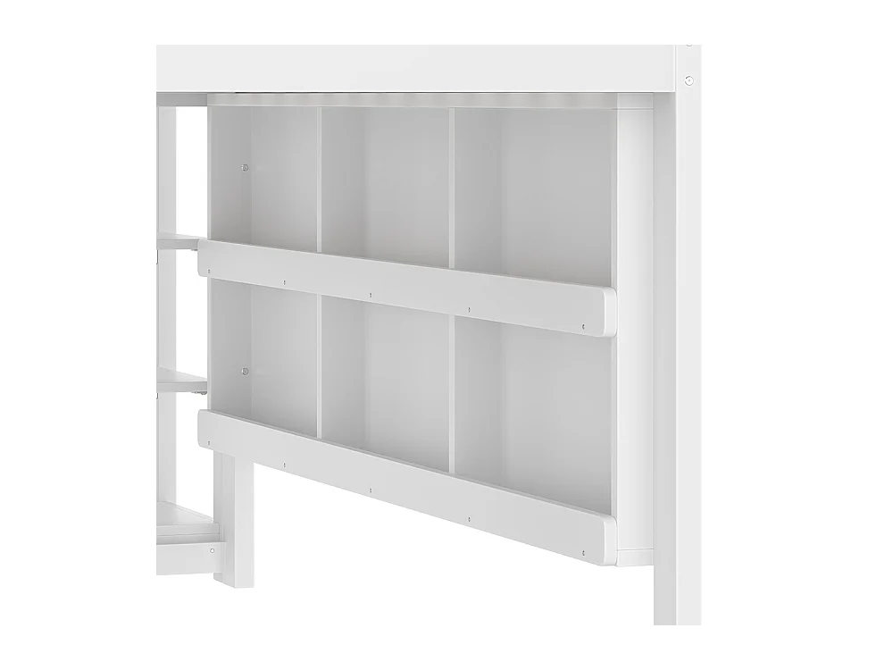 Lit mezzanine 90 × 200 cm, avec bande LED, en forme de maison, avec étagères, avec barrières, sans matelas, blanc