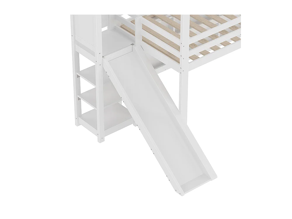 Lit mezzanine 90 × 200 cm, avec bande LED, en forme de maison, avec étagères, avec barrières, sans matelas, blanc