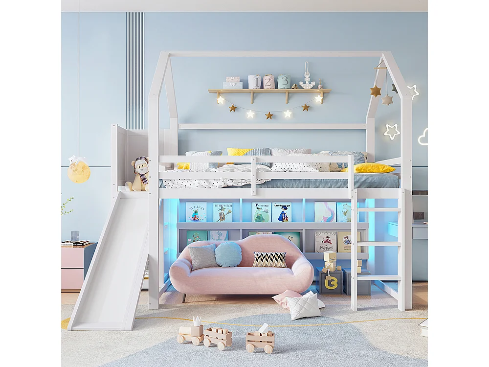 Lit mezzanine 90 × 200 cm, avec bande LED, en forme de maison, avec étagères, avec barrières, sans matelas, blanc