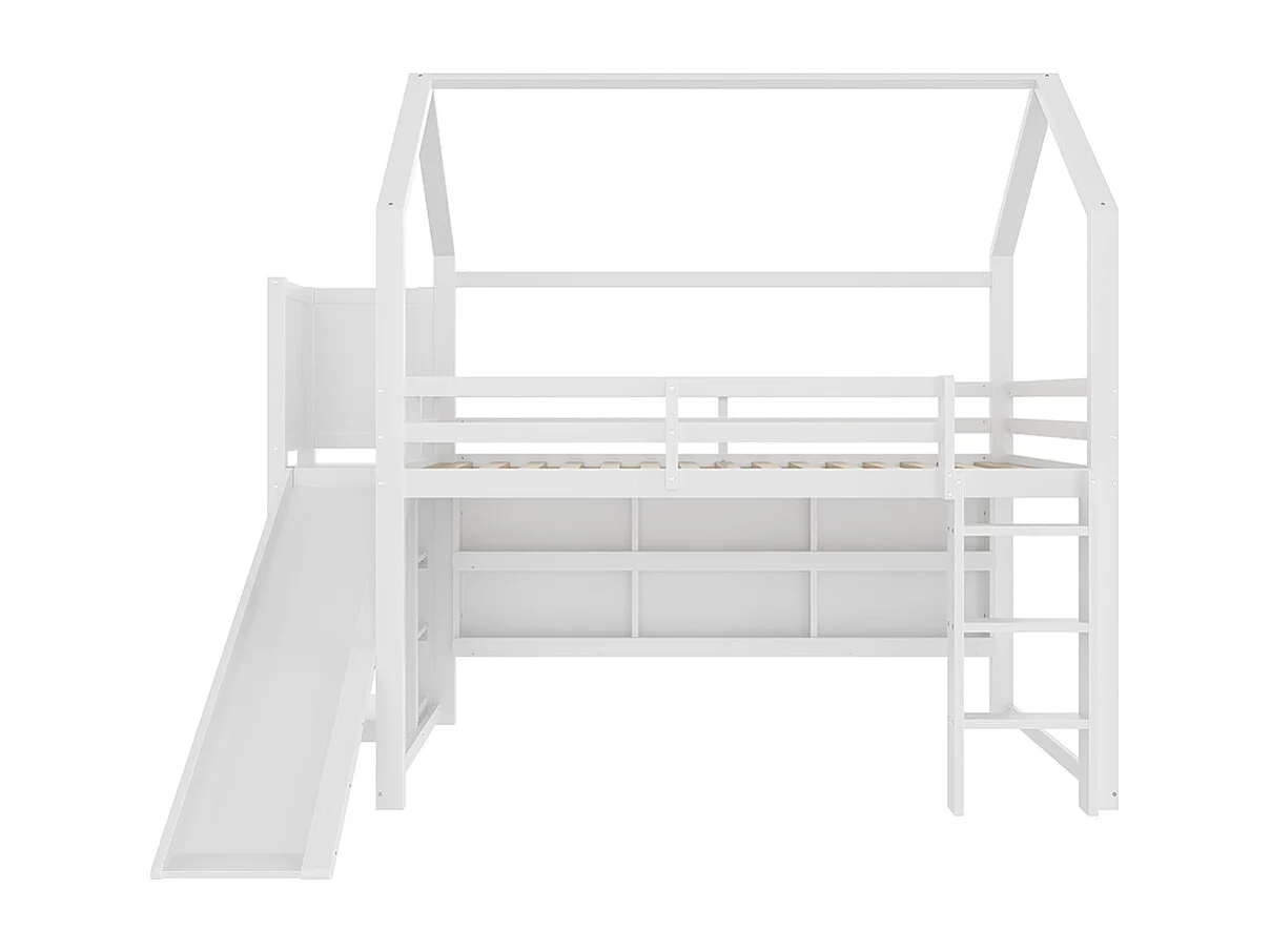 Lit mezzanine 90 × 200 cm, avec bande LED, en forme de maison, avec étagères, avec barrières, sans matelas, blanc