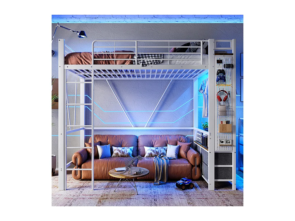 Lit mezzanine 90 x 200 cm, structure en fer, avec tringle à linge, étagères, tiroirs, prises USB + Type-C, bande LED,blanc