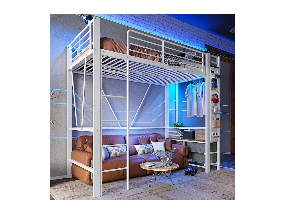 Lit mezzanine 90 x 200 cm, structure en fer, avec tringle à linge, étagères, tiroirs, prises USB + Type-C, bande LED,blanc