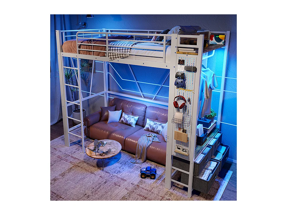 Lit mezzanine 90 x 200 cm, structure en fer, avec tringle à linge, étagères, tiroirs, prises USB + Type-C, bande LED,blanc