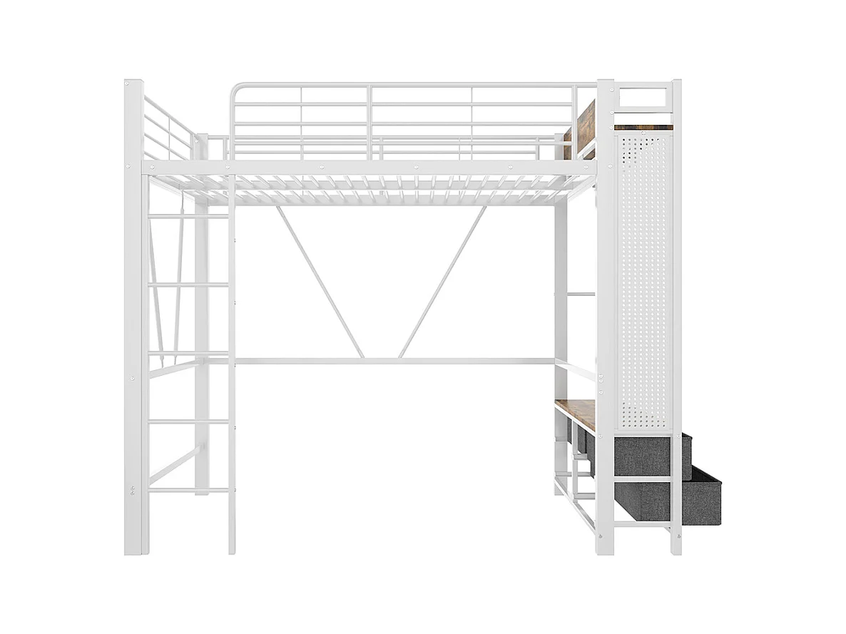 Lit mezzanine 90 x 200 cm, structure en fer, avec tringle à linge, étagères, tiroirs, prises USB + Type-C, bande LED,blanc