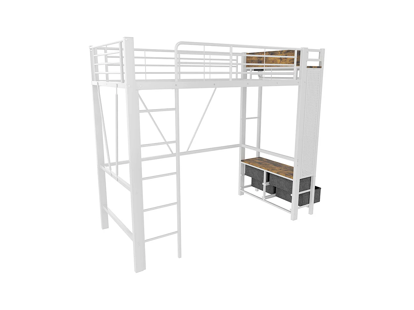 Lit mezzanine 90 x 200 cm, structure en fer, avec tringle à linge, étagères, tiroirs, prises USB + Type-C, bande LED,blanc