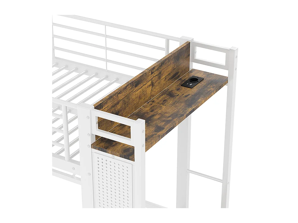 Lit mezzanine 90 x 200 cm, structure en fer, avec tringle à linge, étagères, tiroirs, prises USB + Type-C, bande LED,blanc