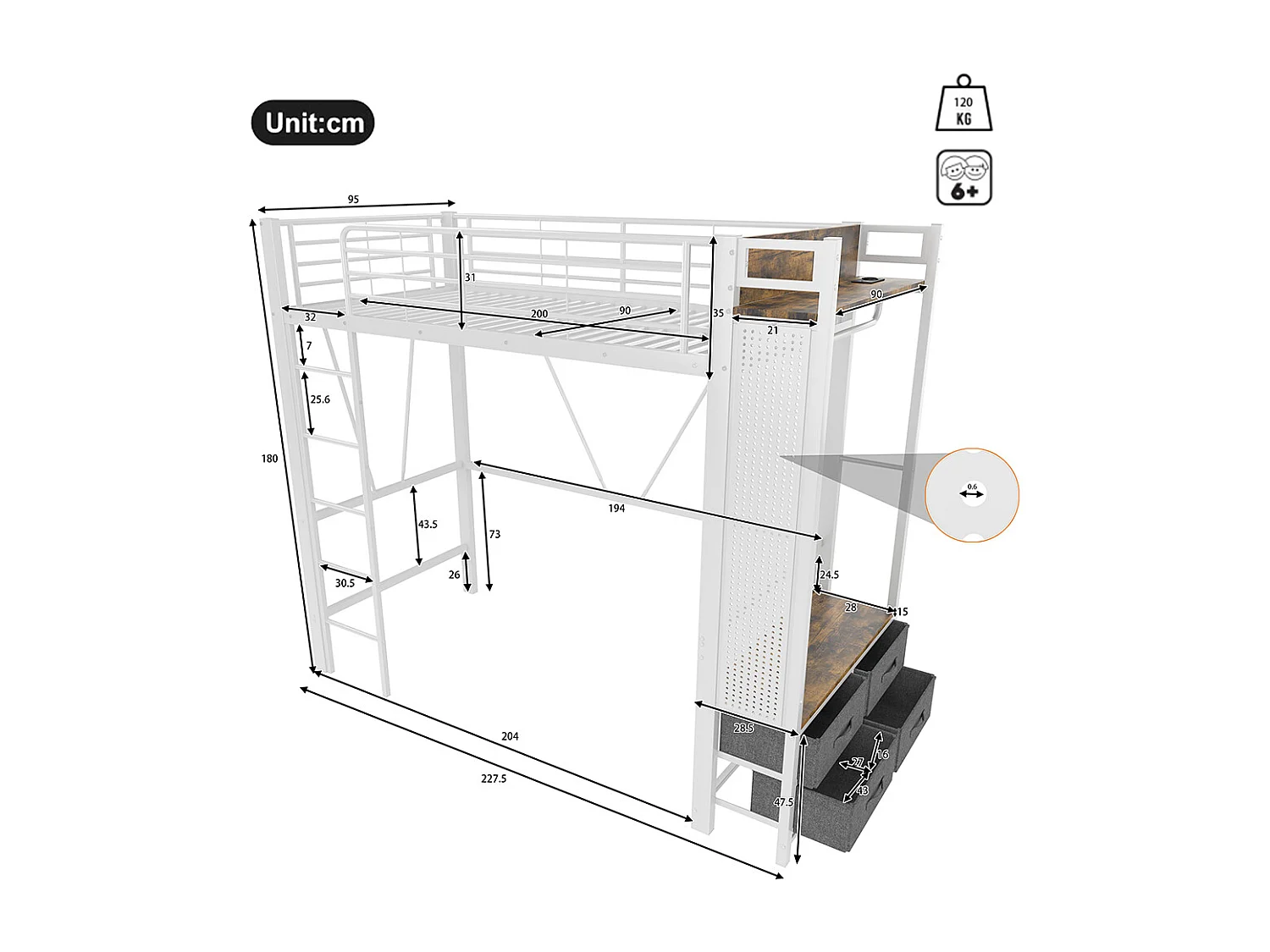Lit mezzanine 90 x 200 cm, structure en fer, avec tringle à linge, étagères, tiroirs, prises USB + Type-C, bande LED,blanc