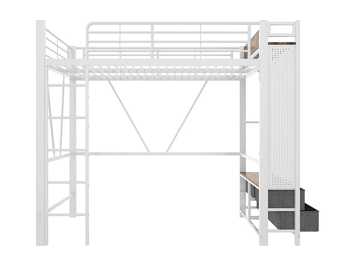 Lit mezzanine 90 x 200 cm, structure en fer, avec tringle à linge, étagères, tiroirs, prises USB + Type-C, bande LED,blanc