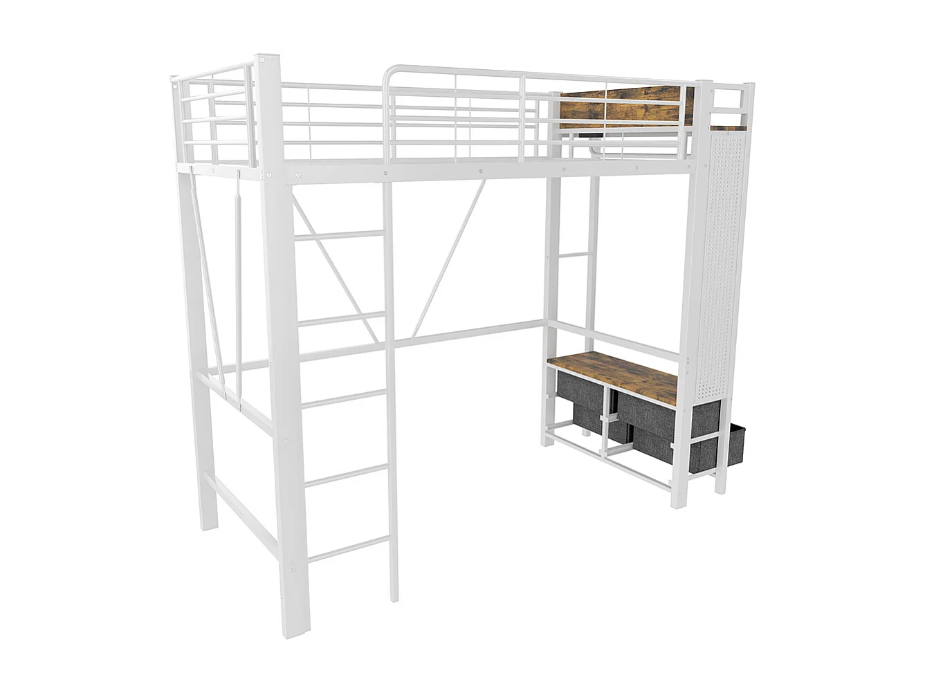 Lit mezzanine 90 x 200 cm, structure en fer, avec tringle à linge, étagères, tiroirs, prises USB + Type-C, bande LED,blanc