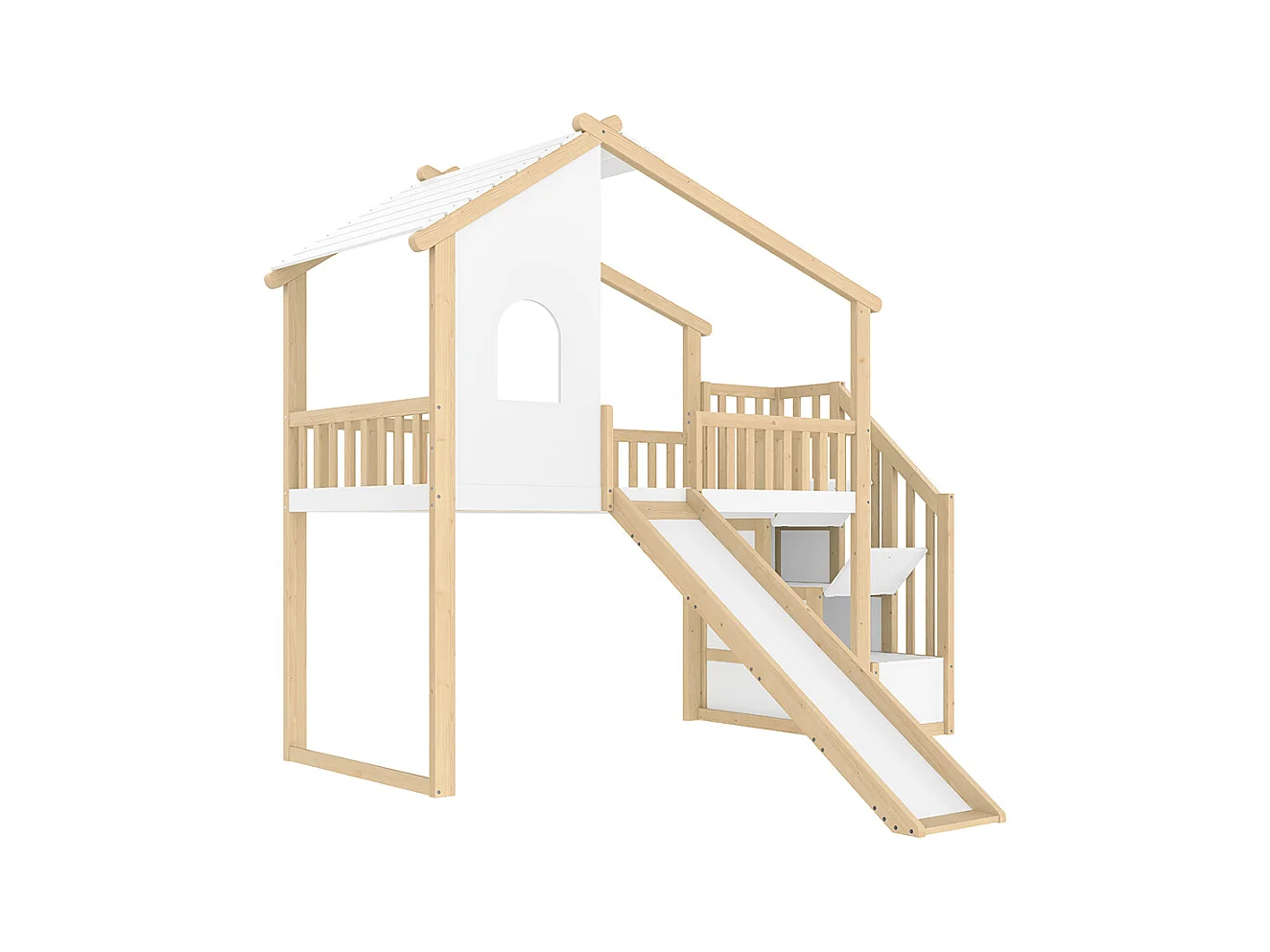 Hoogslaper 90 x 200 cm, bedhekken, opbergladder, raam, glijbaan, huisbalustrade, naturelkleurig + wit