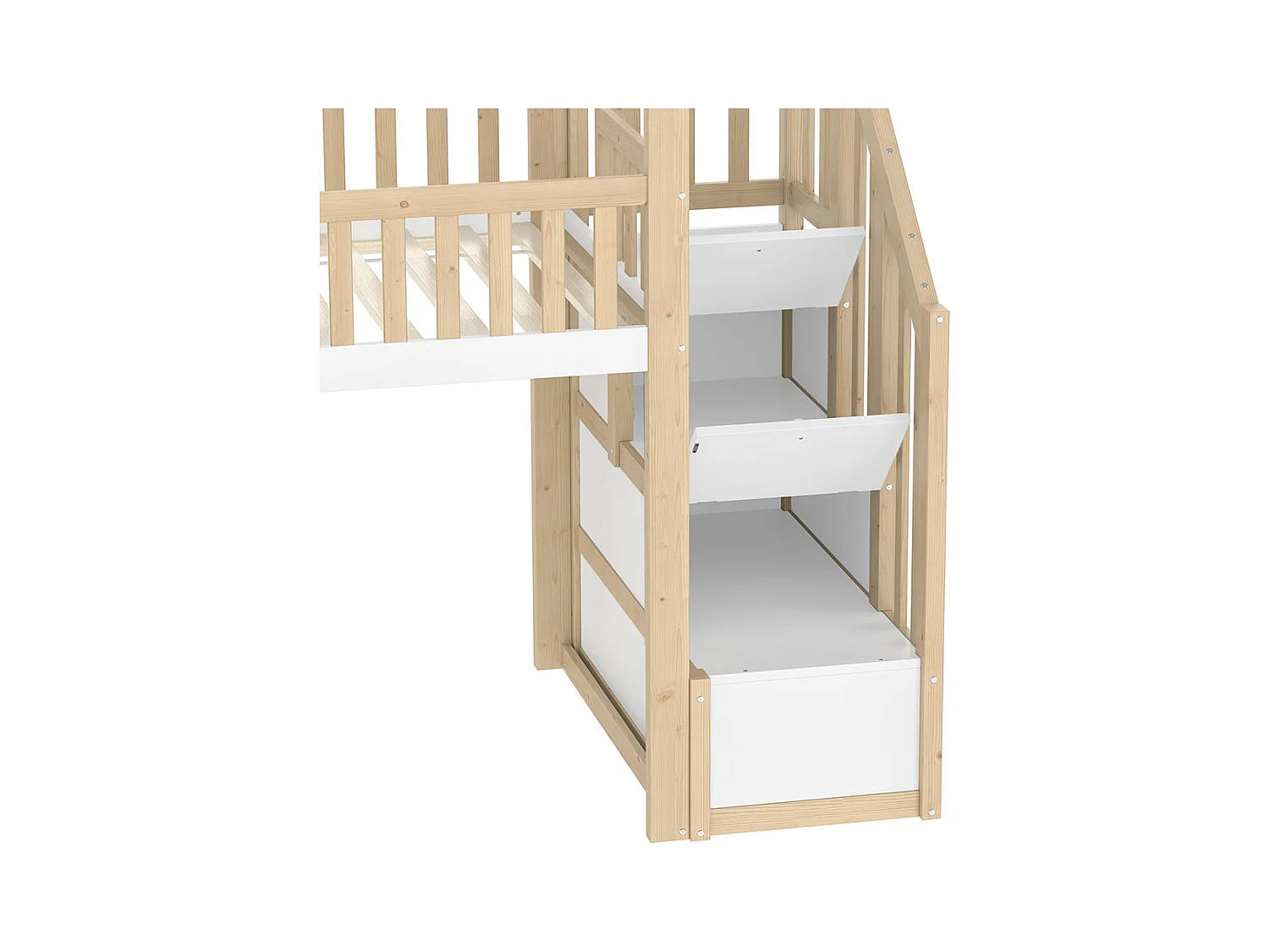 Hoogslaper 90 x 200 cm, bedhekken, opbergladder, raam, glijbaan, huisbalustrade, naturelkleurig + wit