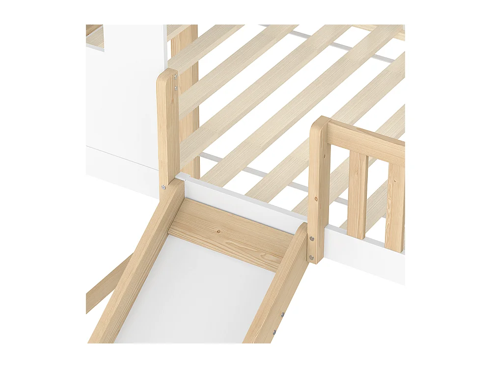 Hoogslaper 90 x 200 cm, bedhekken, opbergladder, raam, glijbaan, huisbalustrade, naturelkleurig + wit