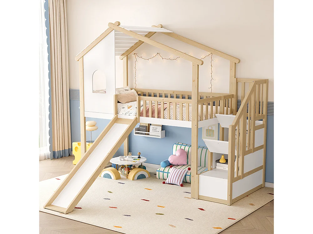 Hochbett 90 x 200 cm, Bettgitter, Aufbewahrungsleiter, Fenster, Rutsche, Hausgeländer, naturfarben + weiß
