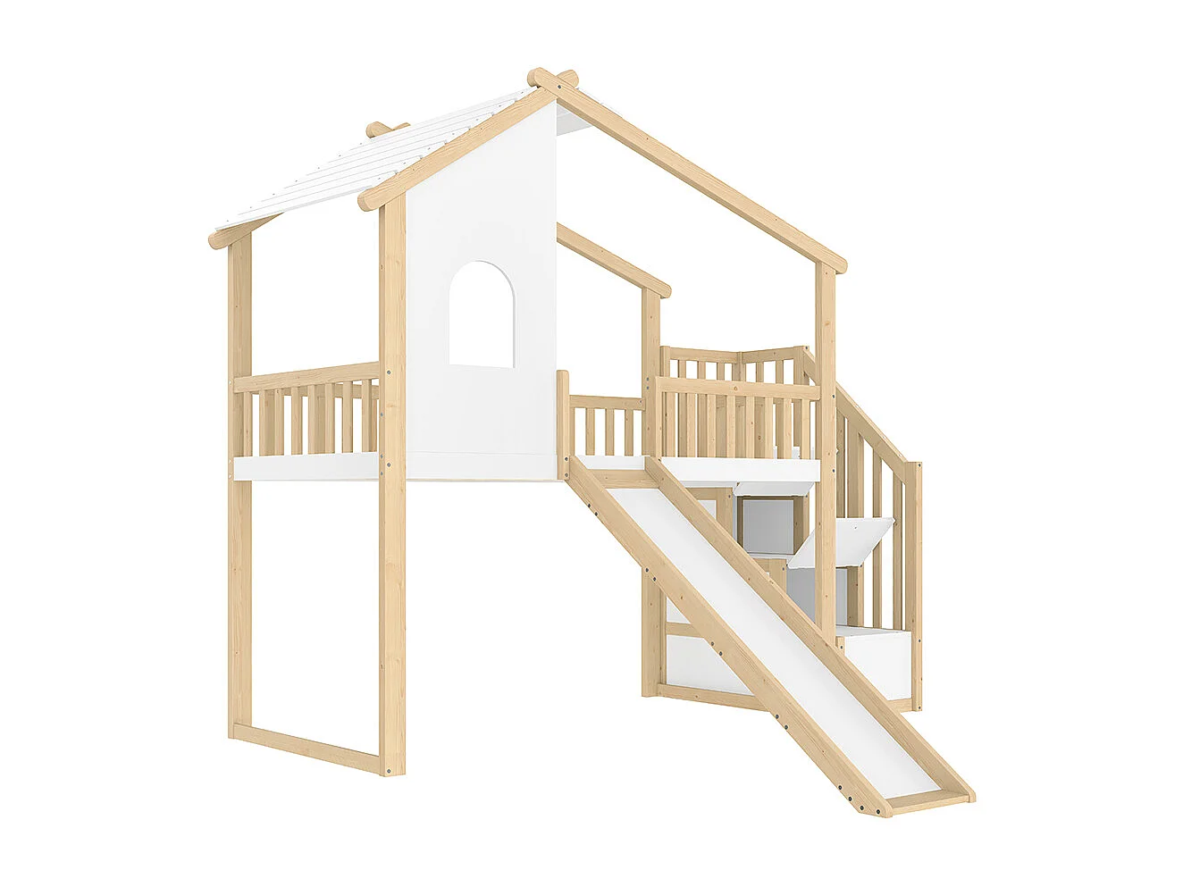 Hochbett 90 x 200 cm, Bettgitter, Aufbewahrungsleiter, Fenster, Rutsche, Hausgeländer, naturfarben + weiß