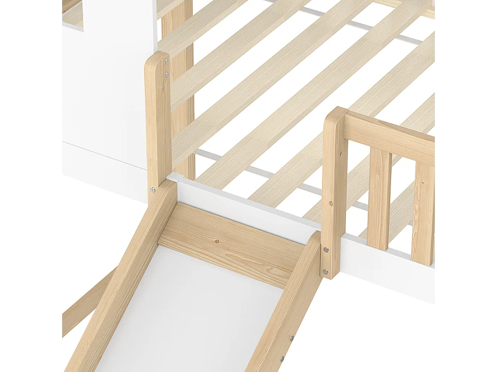 Hochbett 90 x 200 cm, Bettgitter, Aufbewahrungsleiter, Fenster, Rutsche, Hausgeländer, naturfarben + weiß