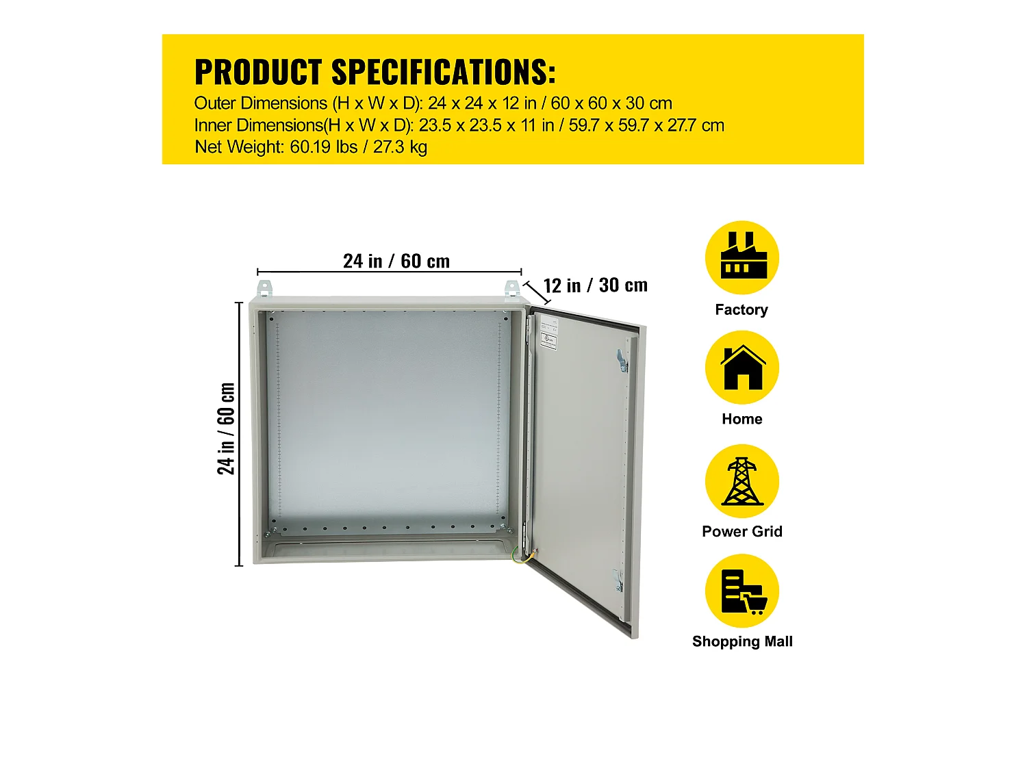 Boîtier Électrique en Acier SucceBuy, NEMA 4 Extérieur 61 x 61 x 30,4 cm, UL, Bboîte de Jonction à Charnière au Carbone Laminé à Froid avec Capot de Pluie