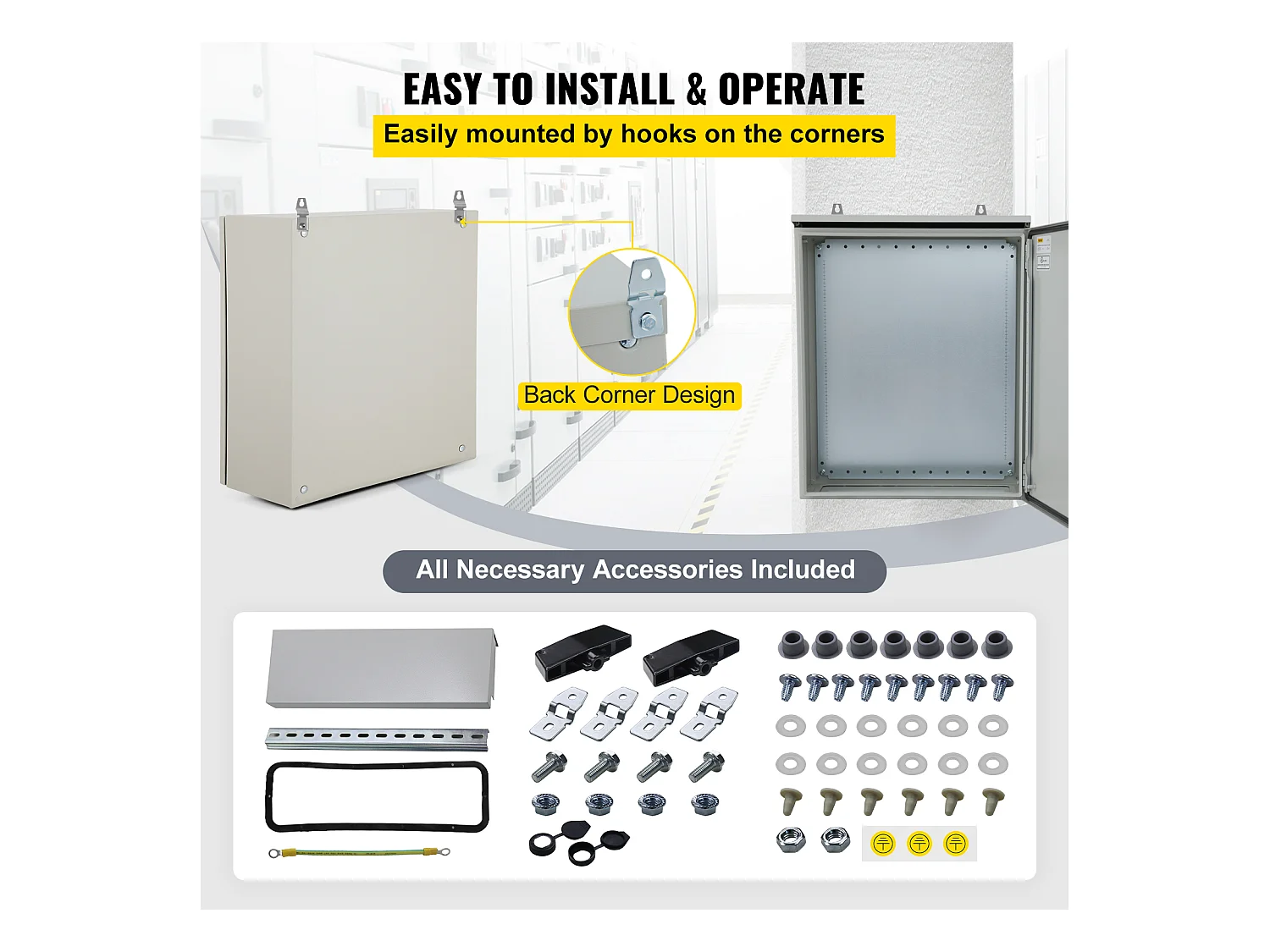 Boîtier Électrique en Acier SucceBuy, NEMA 4 Extérieur 61 x 61 x 30,4 cm, UL, Bboîte de Jonction à Charnière au Carbone Laminé à Froid avec Capot de Pluie