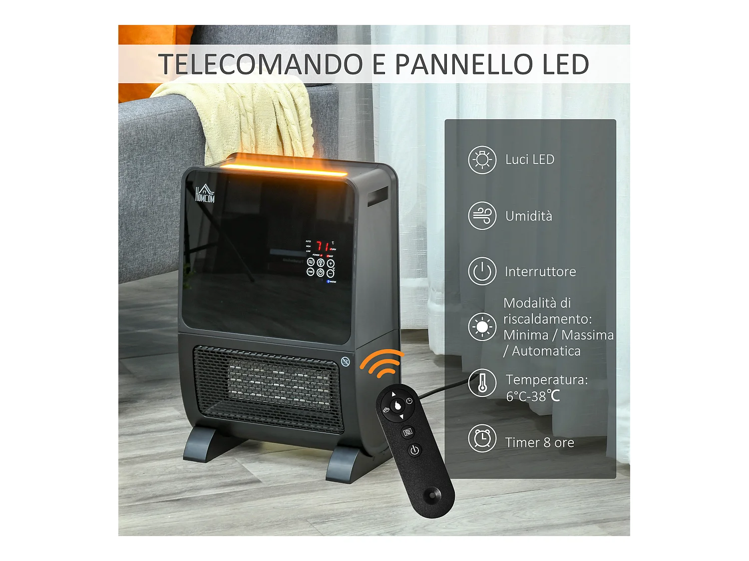Stufa ceramica umidificatore con telecomando luce led e timer