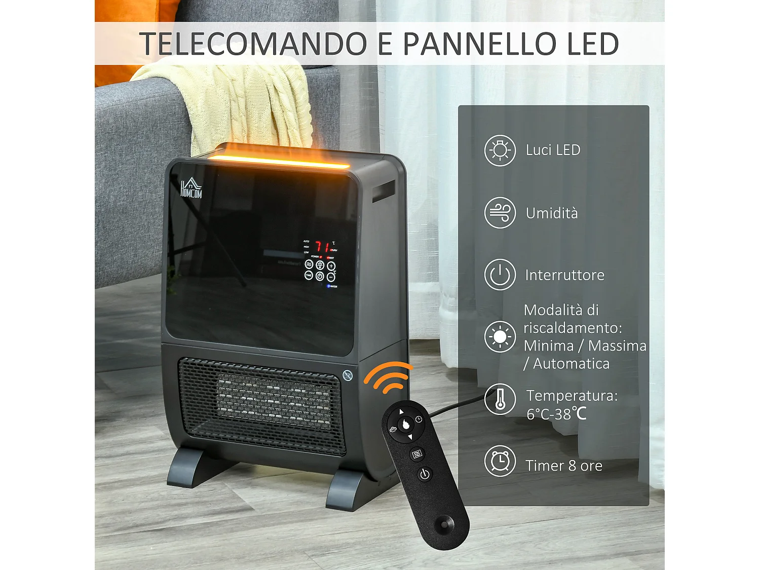 Stufa ceramica umidificatore con telecomando luce led e timer
