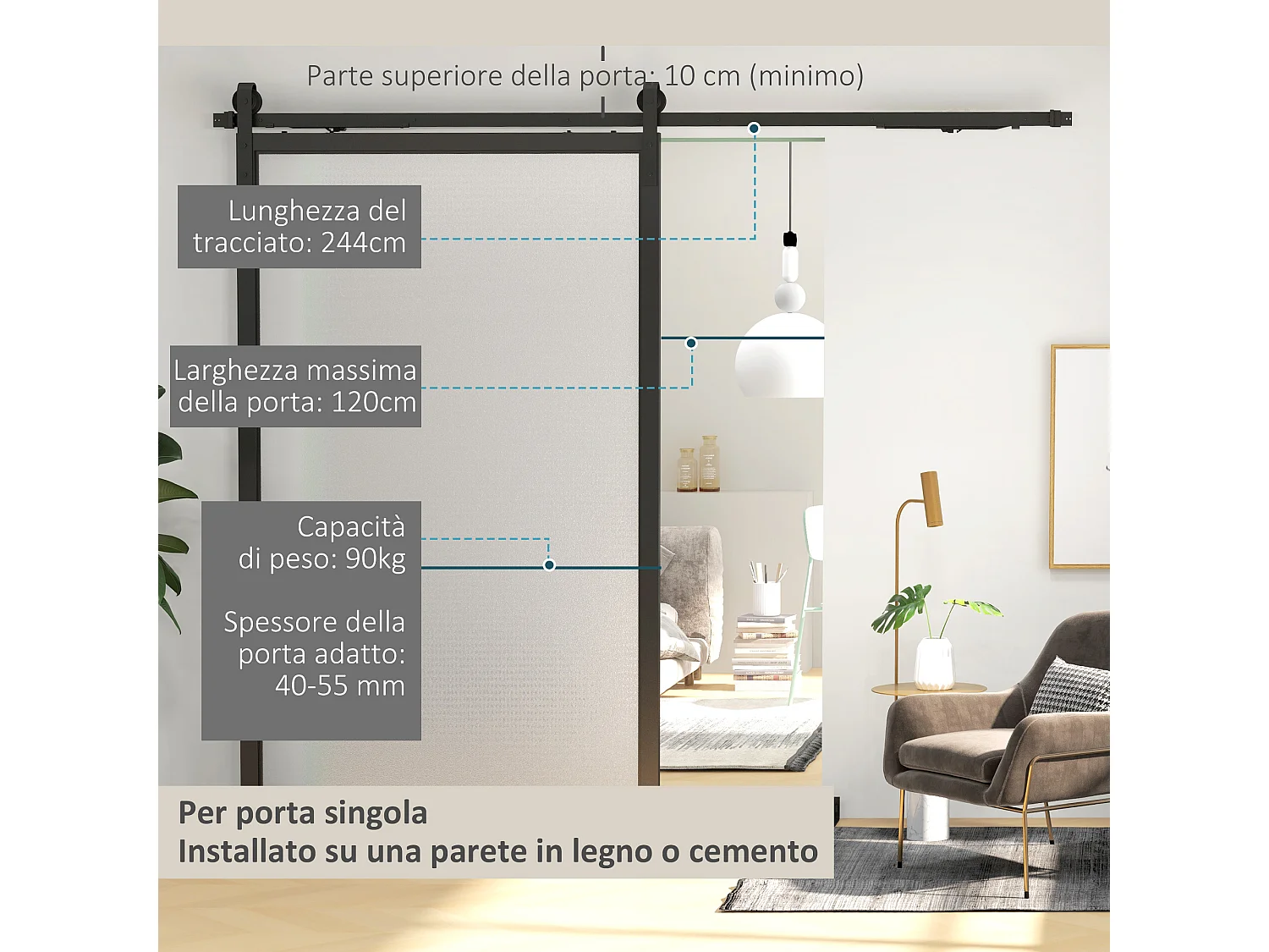 Kit porta scorrevole 90kg max in acciaio nero con accessori
