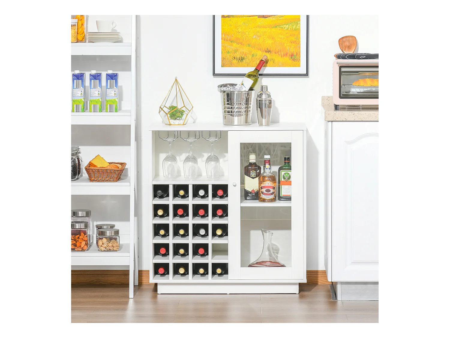 Mobile portabottiglie con porta calici e armadietto per 20 vini