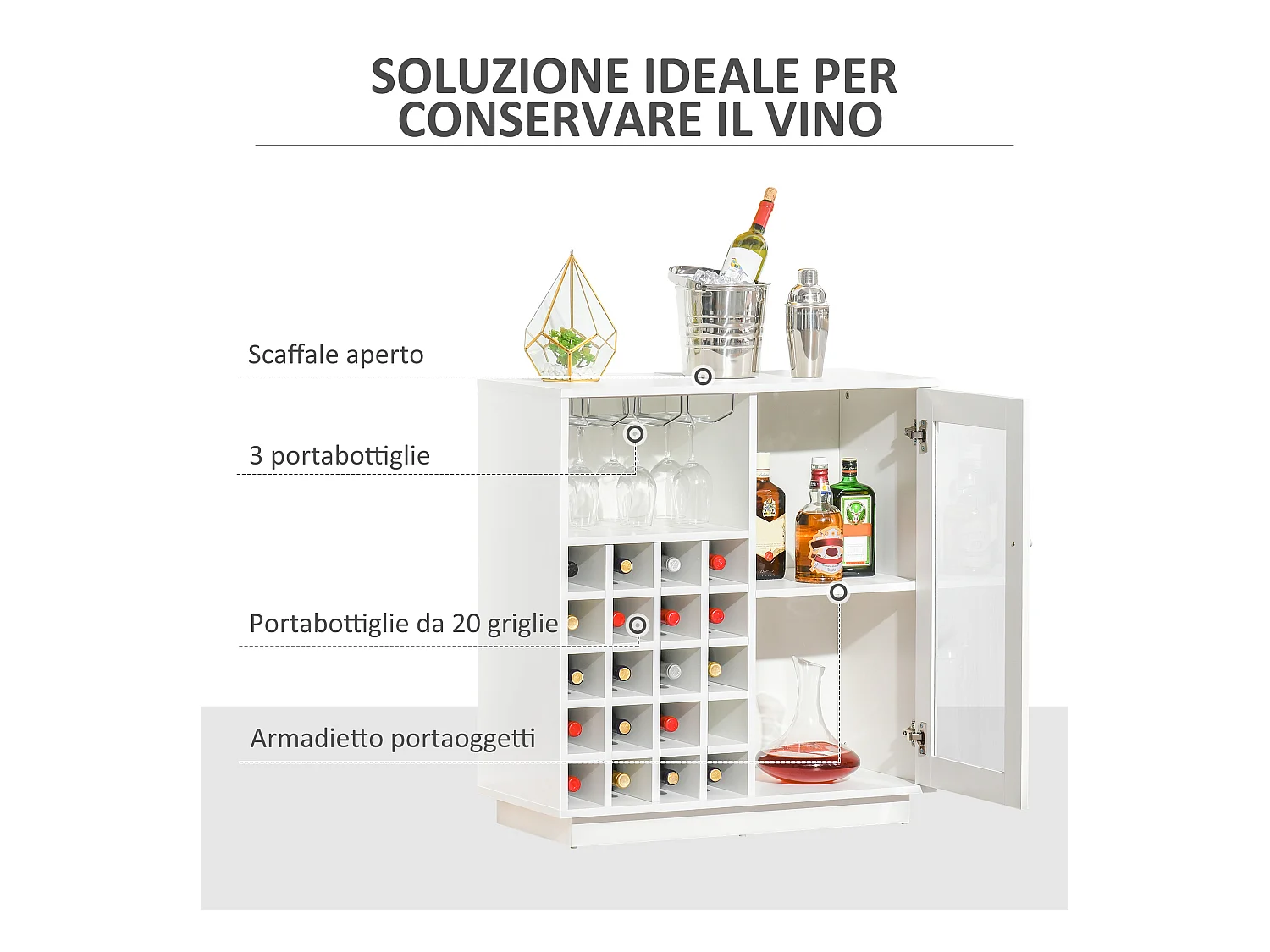 Mobile portabottiglie con porta calici e armadietto per 20 vini