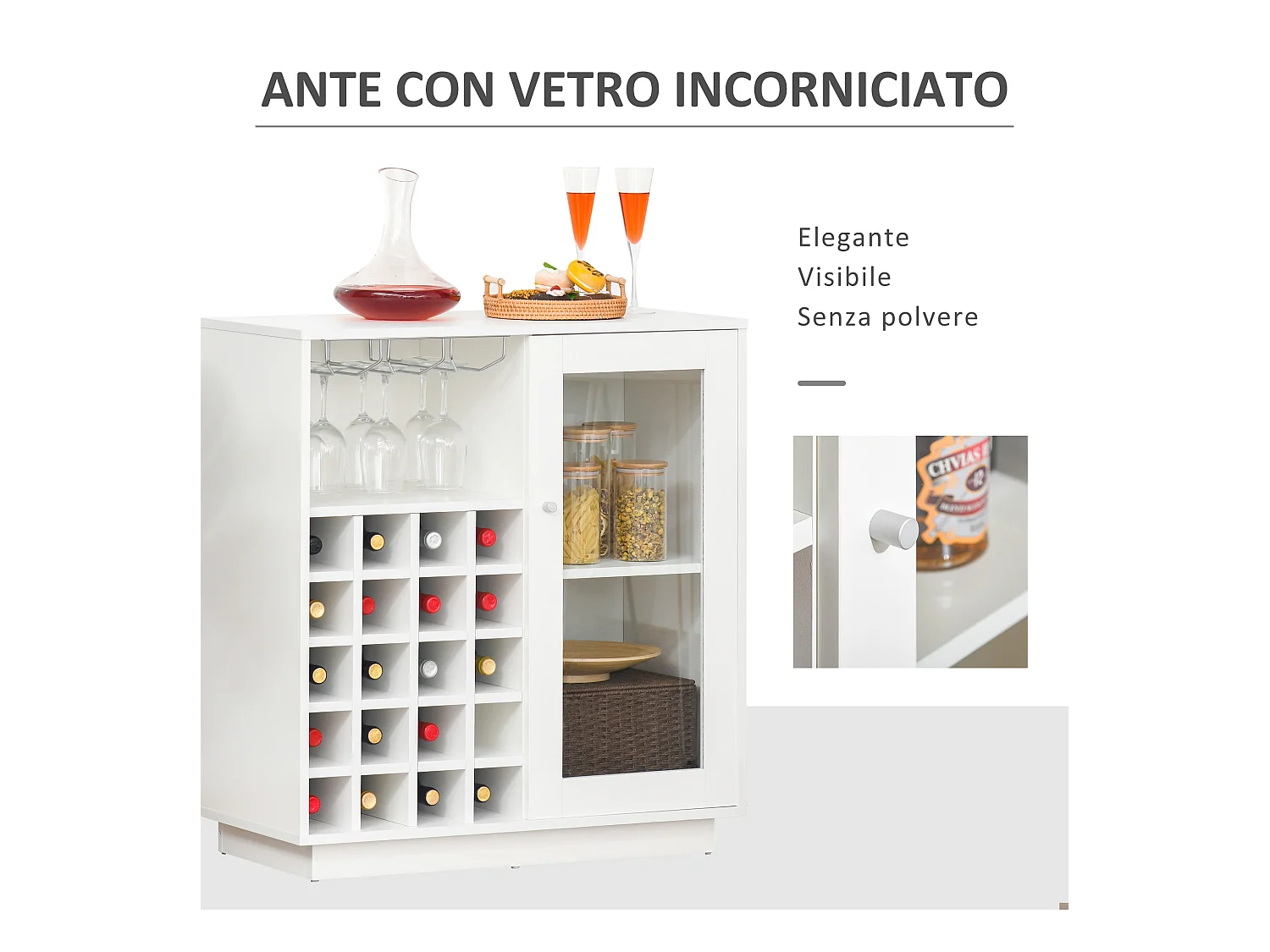 Mobile portabottiglie con porta calici e armadietto per 20 vini