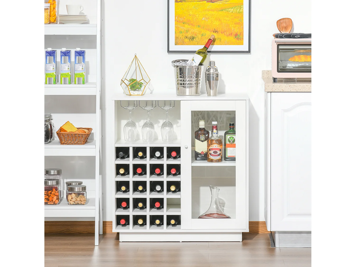 Mobile portabottiglie con porta calici e armadietto per 20 vini