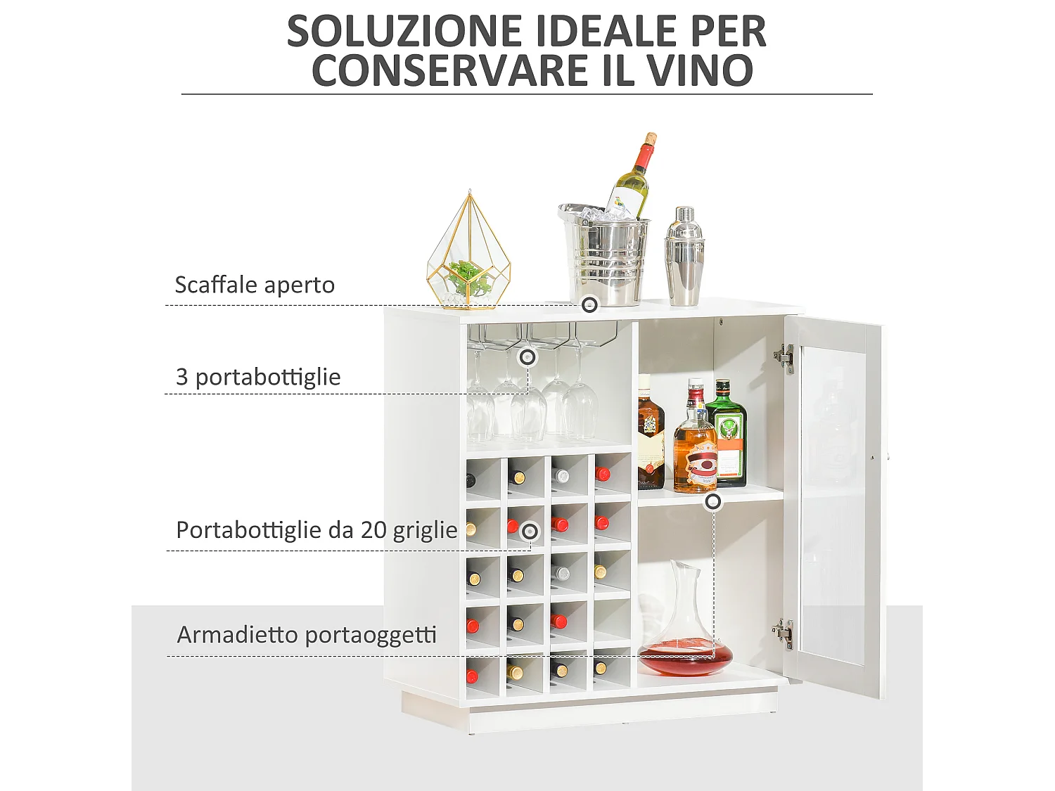 Mobile portabottiglie con porta calici e armadietto per 20 vini