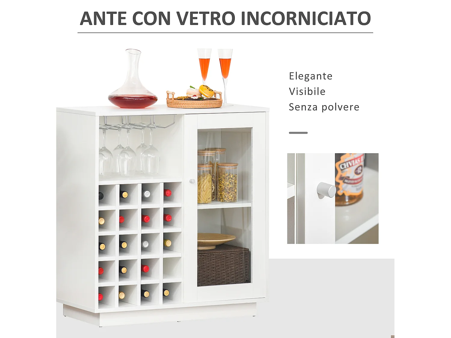 Mobile portabottiglie con porta calici e armadietto per 20 vini