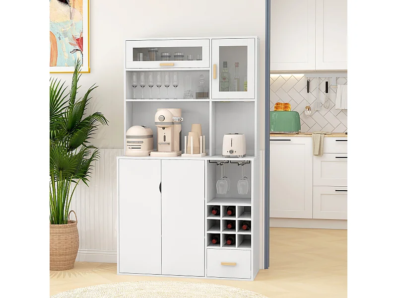 Mobile dispensa con portabottiglie armadietti ripiani cassetto bianco