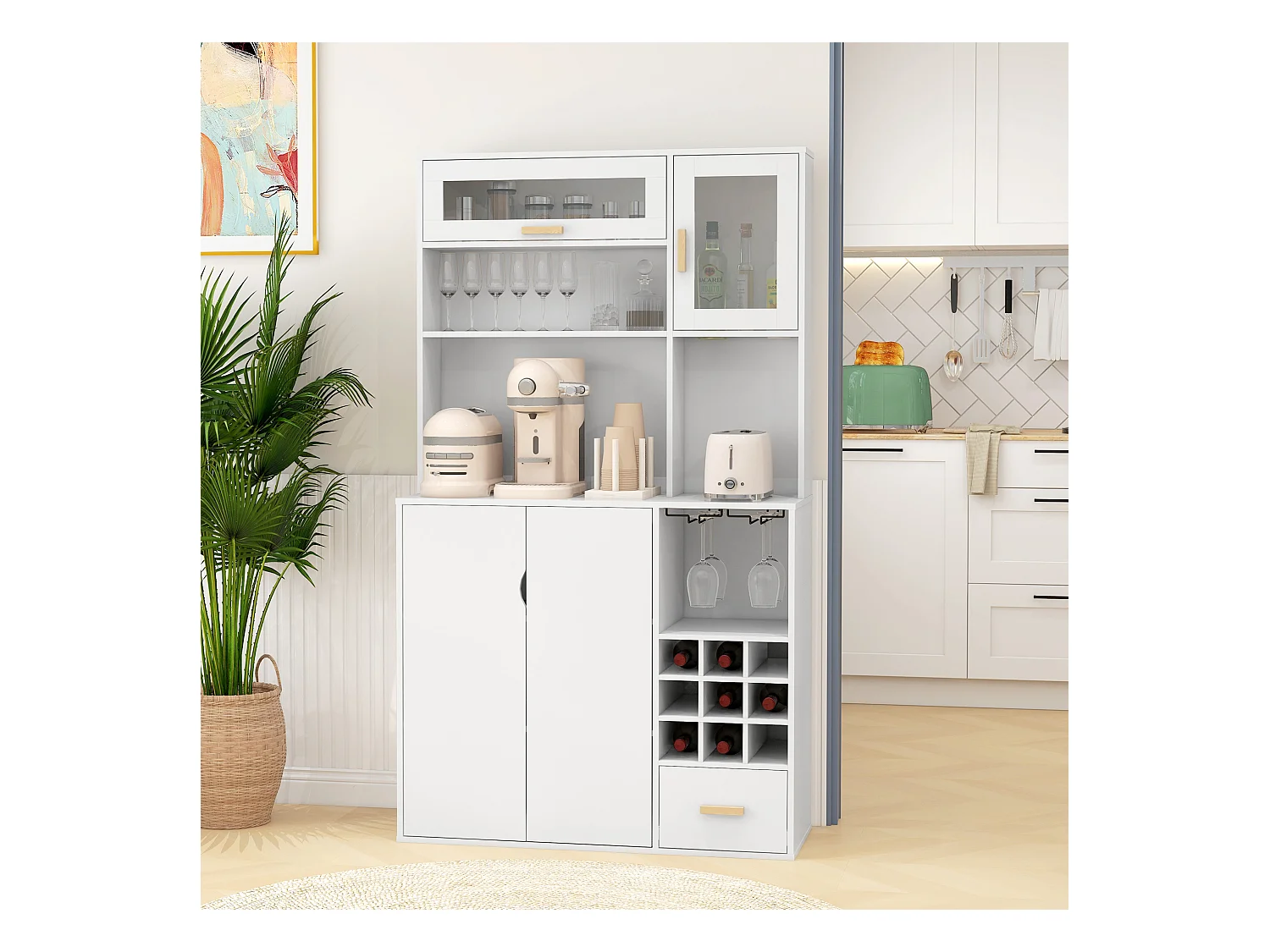 Mobile dispensa con portabottiglie armadietti ripiani cassetto bianco