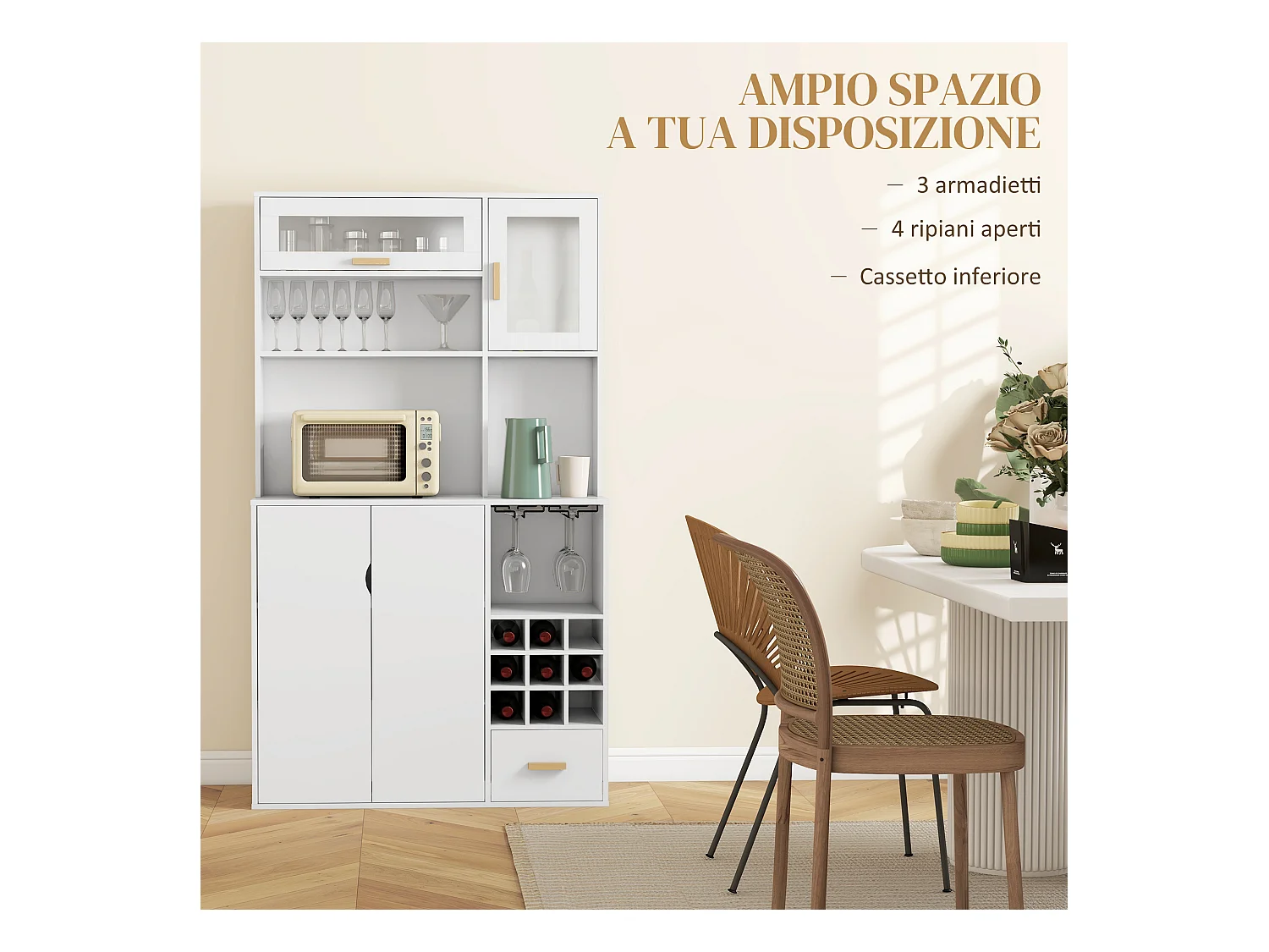 Mobile dispensa con portabottiglie armadietti ripiani cassetto bianco