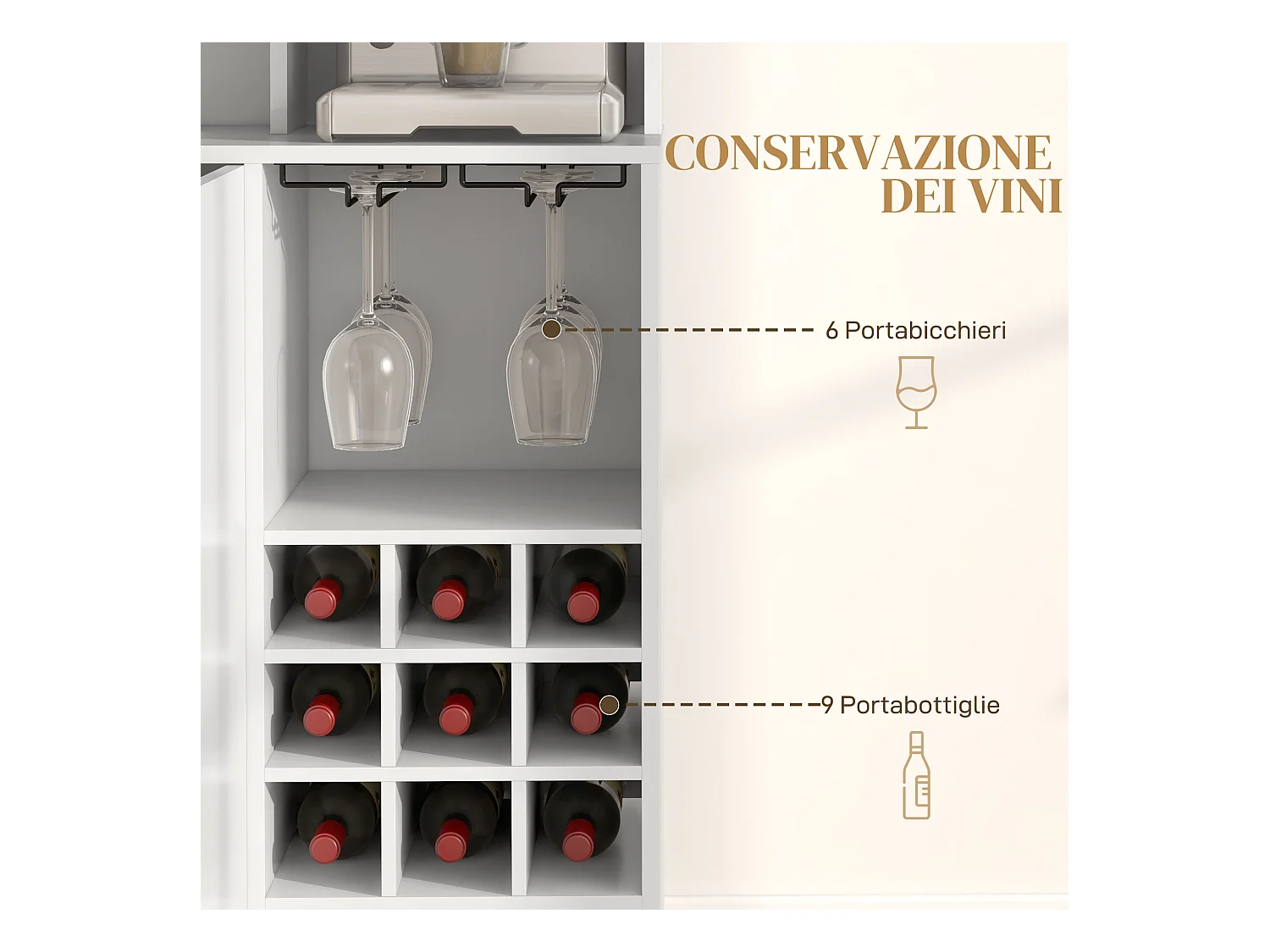 Mobile dispensa con portabottiglie armadietti ripiani cassetto bianco