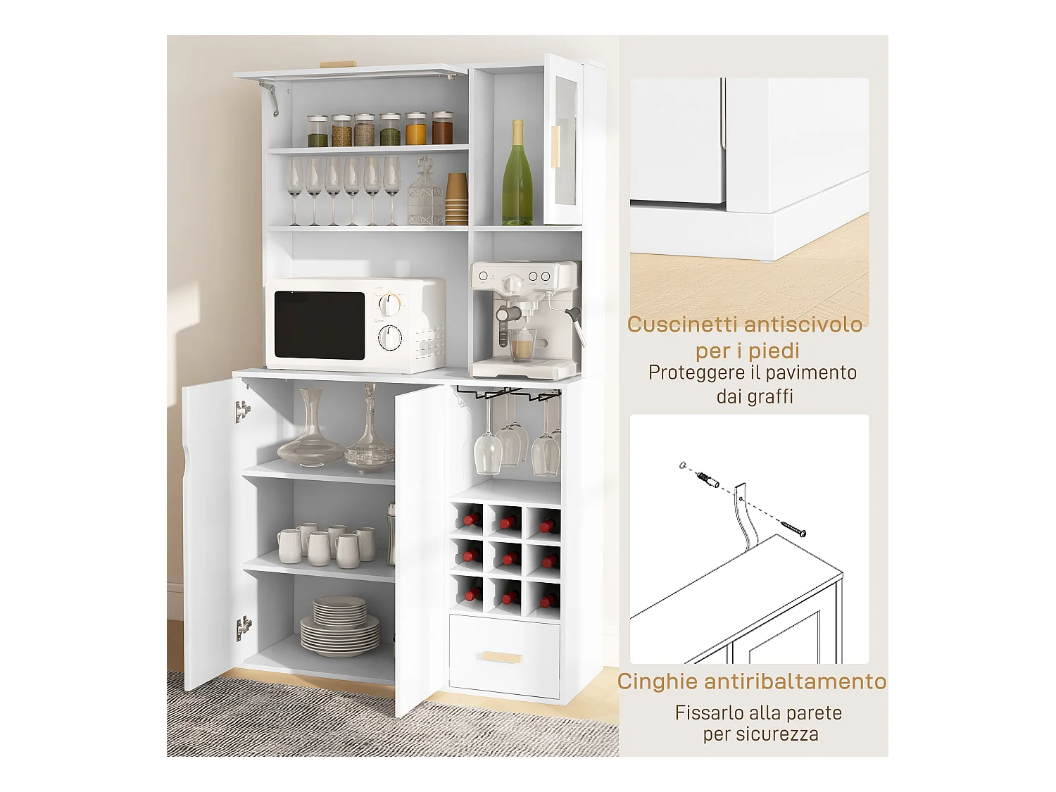 Mobile dispensa con portabottiglie armadietti ripiani cassetto bianco