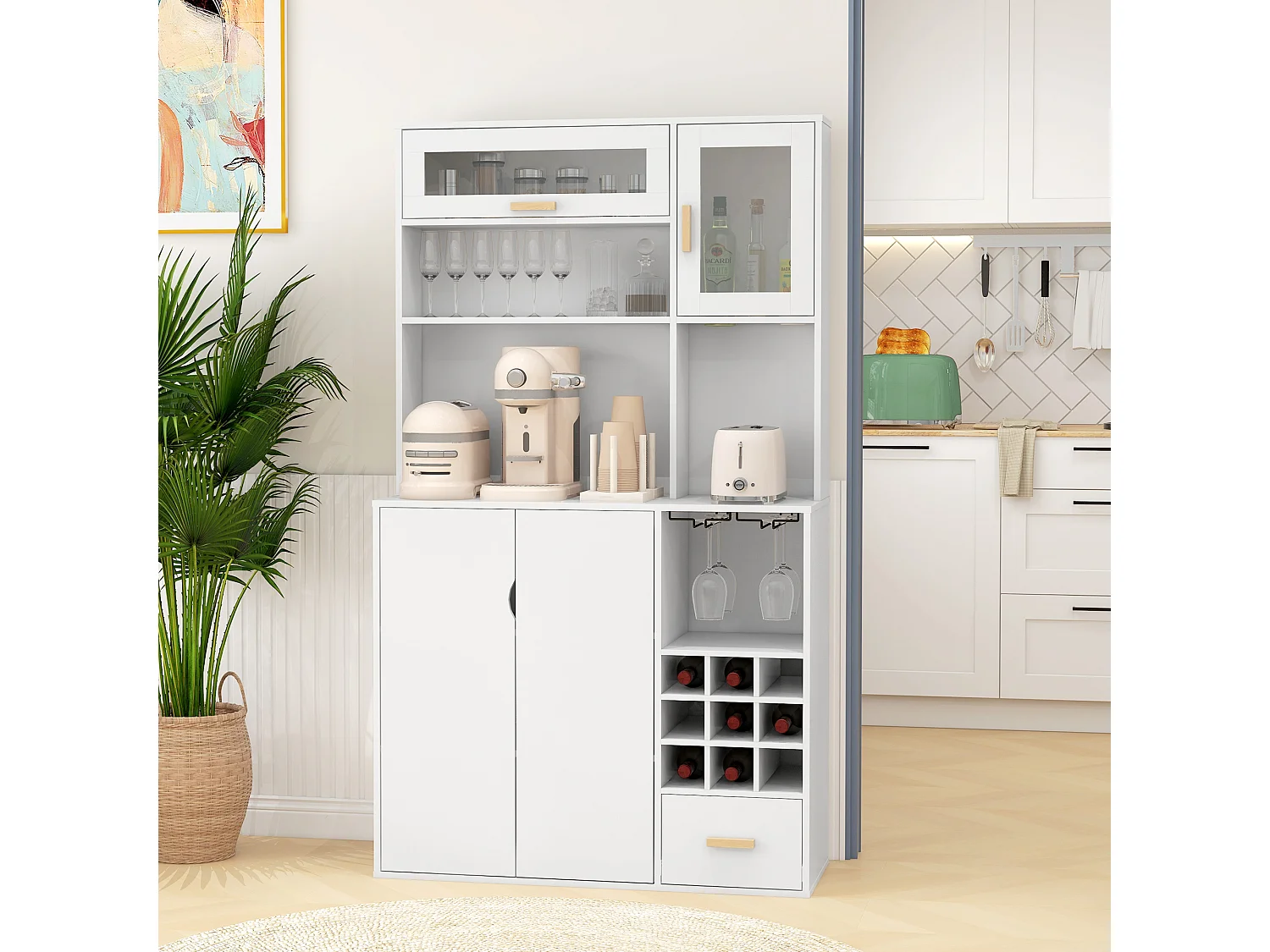 Mobile dispensa con portabottiglie armadietti ripiani cassetto bianco