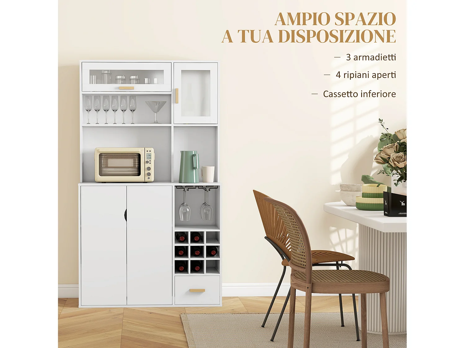 Mobile dispensa con portabottiglie armadietti ripiani cassetto bianco