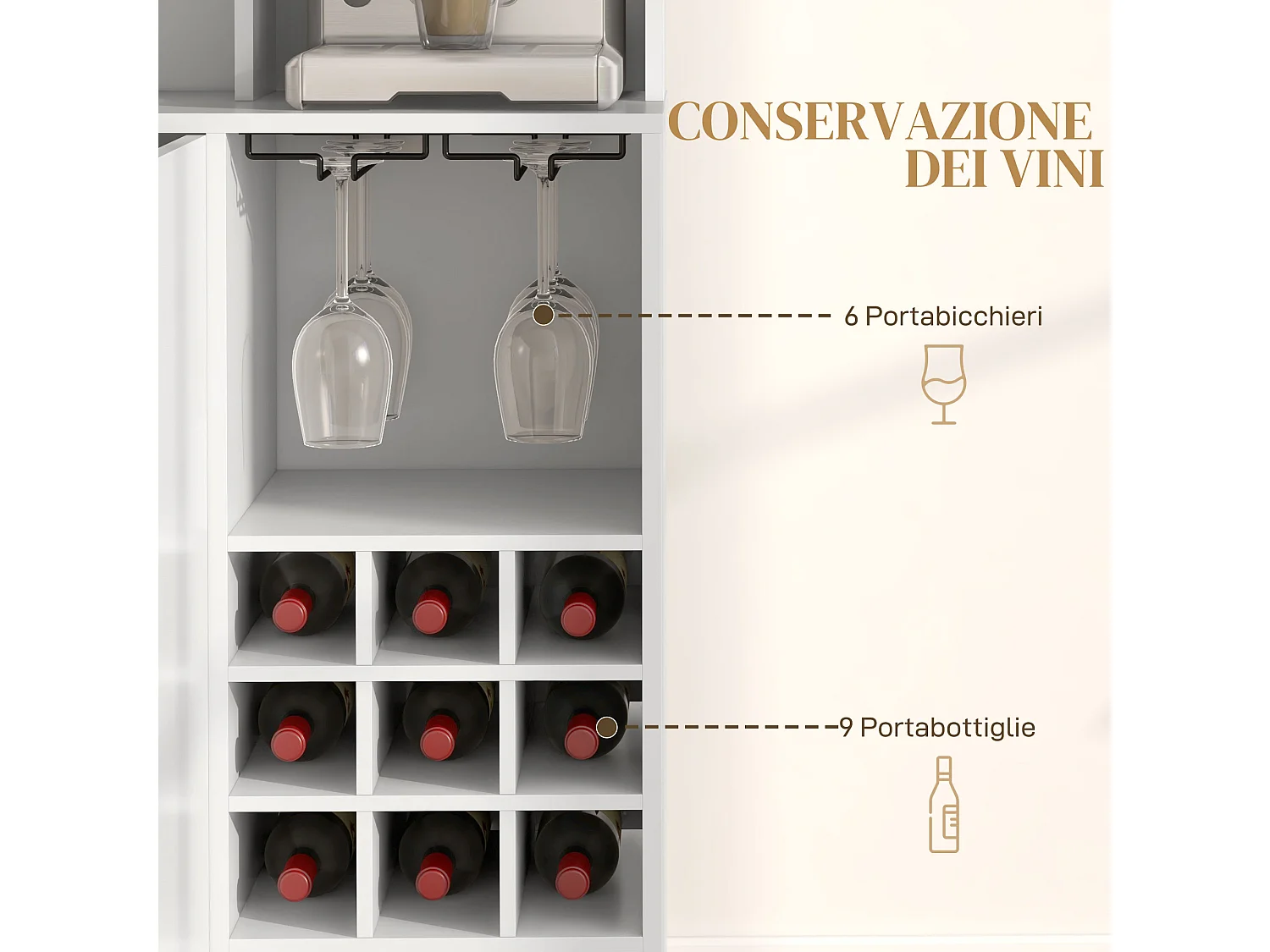 Mobile dispensa con portabottiglie armadietti ripiani cassetto bianco