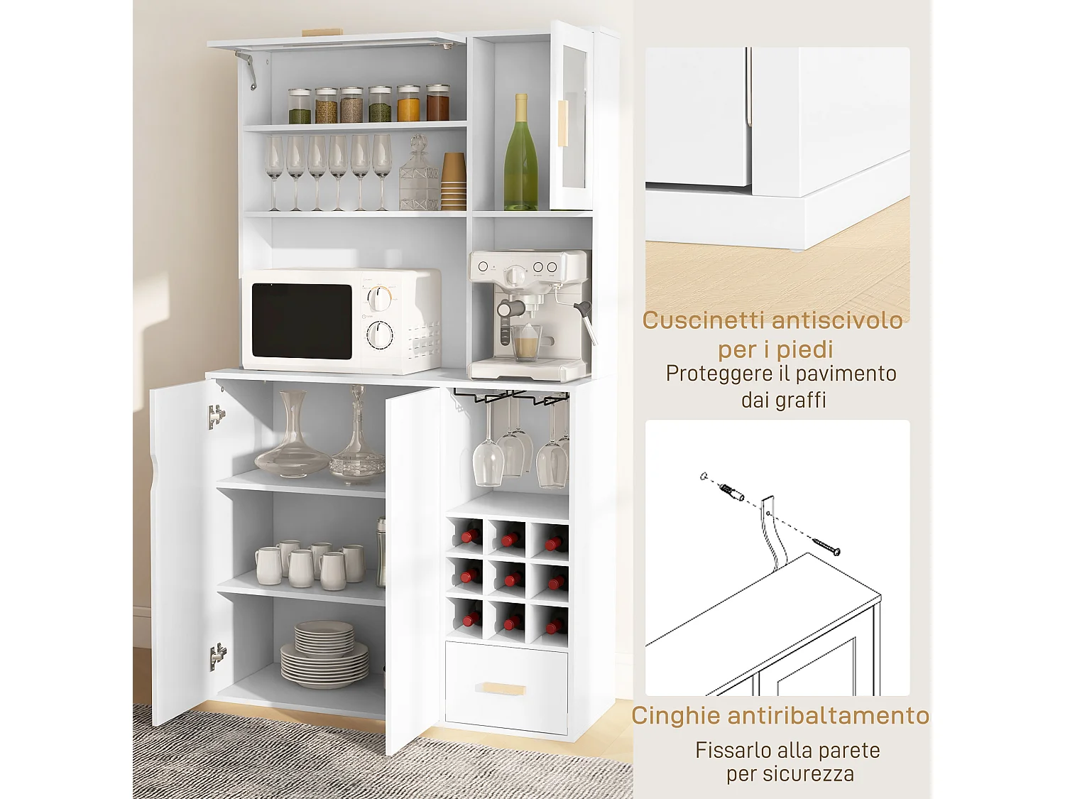 Mobile dispensa con portabottiglie armadietti ripiani cassetto bianco